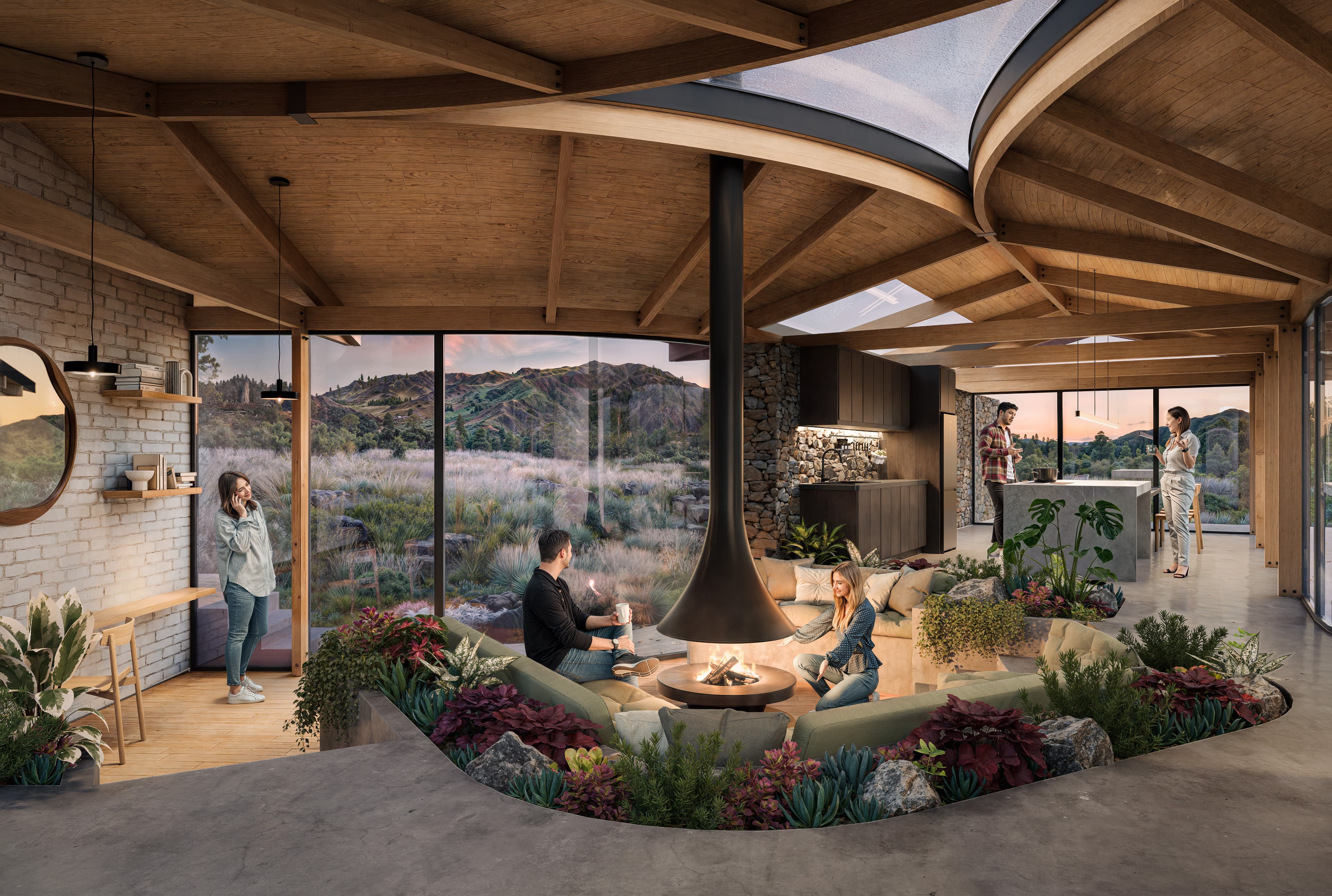 Casa de montaña con 4 unidades independientes, decks y luz cálida.