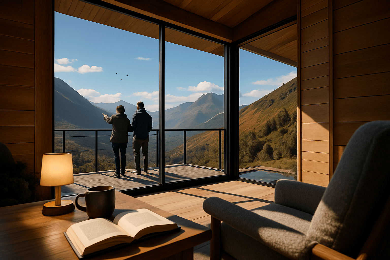 Equipo del hotel atendiendo huéspedes en un entorno de montaña.